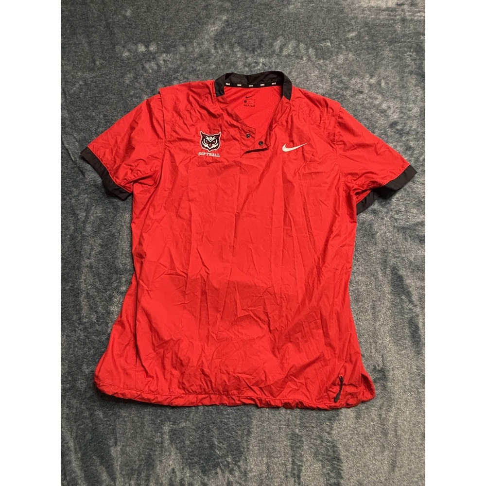Nike Women L Red Softball Pullover Windbreaker Short Sleeve Owl Softball Logo
